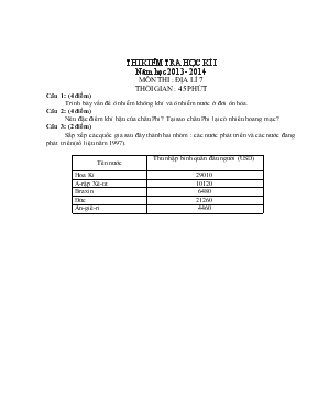 Thi kiểm tra học kì I năm học 2013- 2014 môn thi địa lí 7 thời gian 45 phút